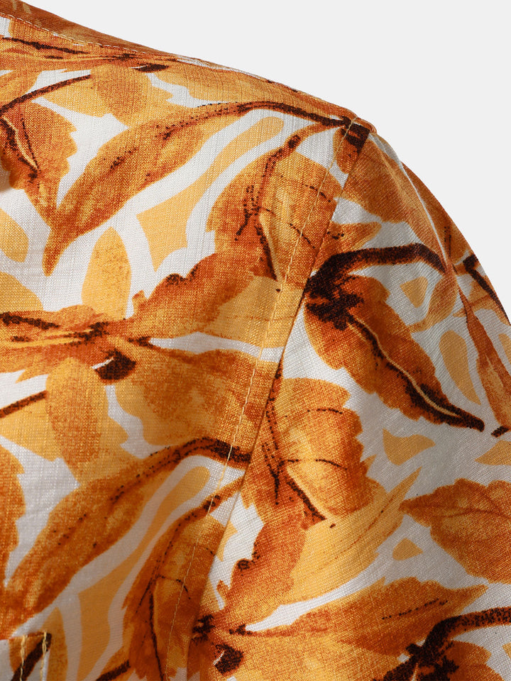 Chemise Homme à Boutons Manches Courtes à Imprimé Tropical Jaune avec Poche Style Hawaïen