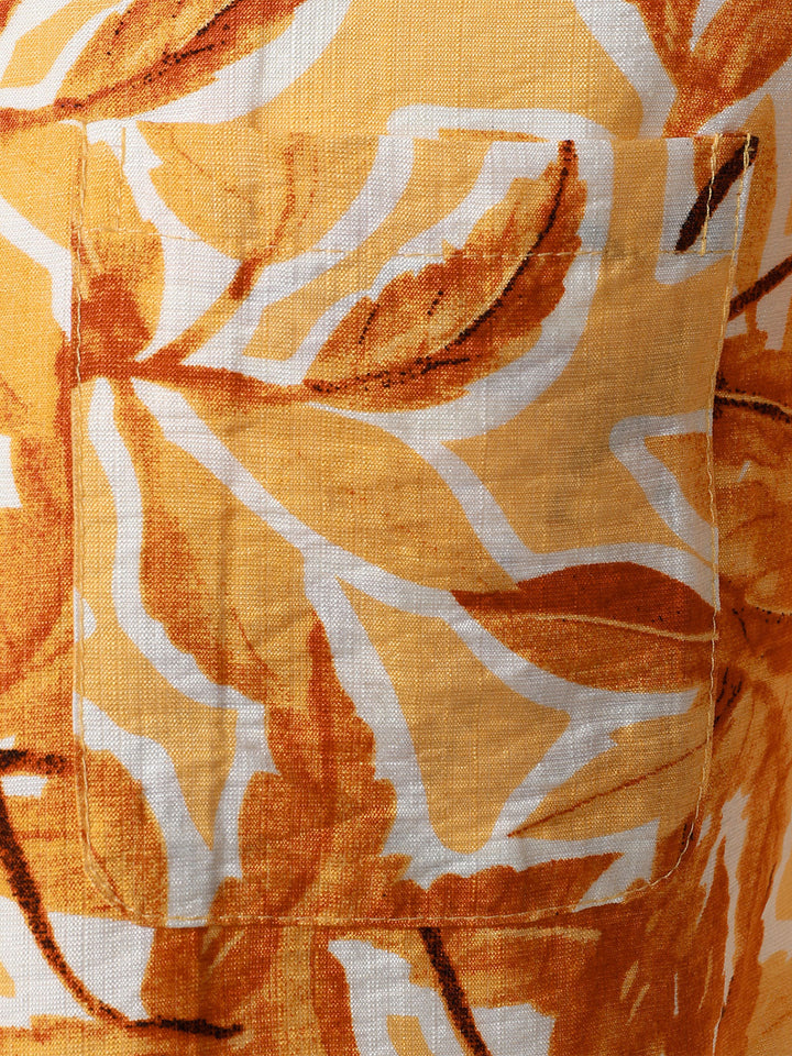 Chemise Homme à Boutons Manches Courtes à Imprimé Tropical Jaune avec Poche Style Hawaïen