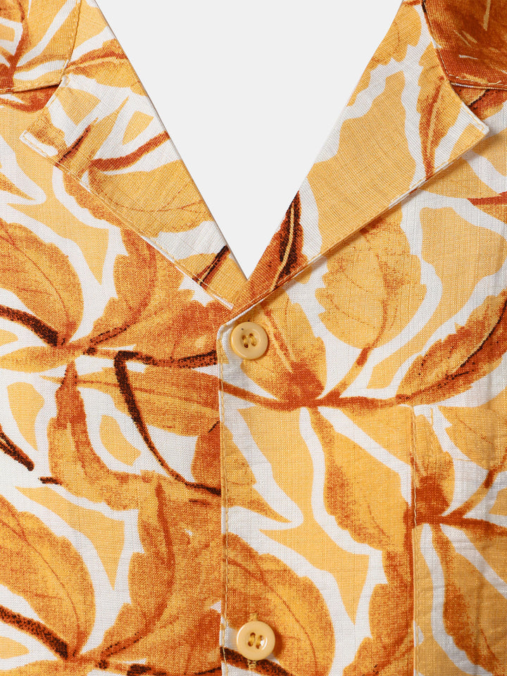 Chemise Homme à Boutons Manches Courtes à Imprimé Tropical Jaune avec Poche Style Hawaïen