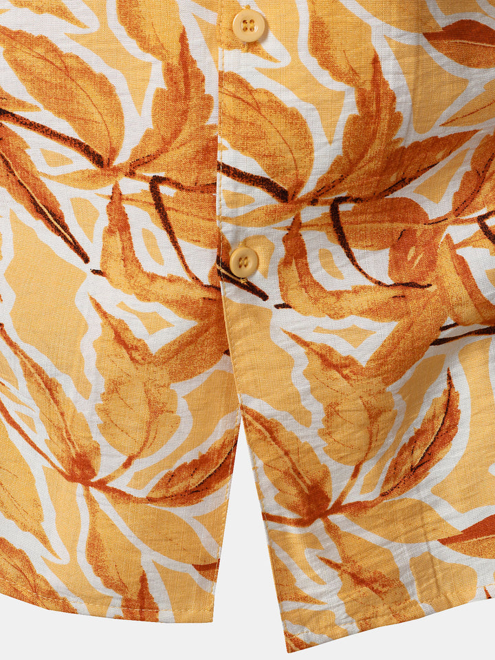 Chemise Homme à Boutons Manches Courtes à Imprimé Tropical Jaune avec Poche Style Hawaïen