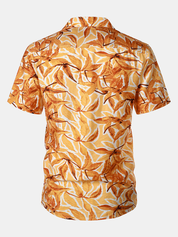 Chemise Homme à Boutons Manches Courtes à Imprimé Tropical Jaune avec Poche Style Hawaïen