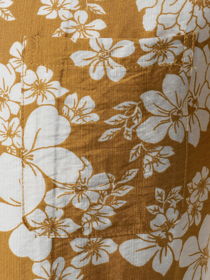 Chemise Homme à Boutons Manches Courtes à Imprimé Floral Jaune avec Poche Style Resort