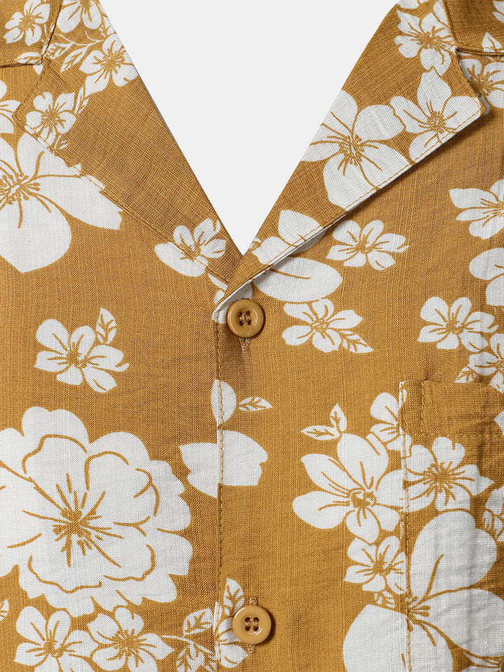 Chemise Homme à Boutons Manches Courtes à Imprimé Floral Jaune avec Poche Style Resort