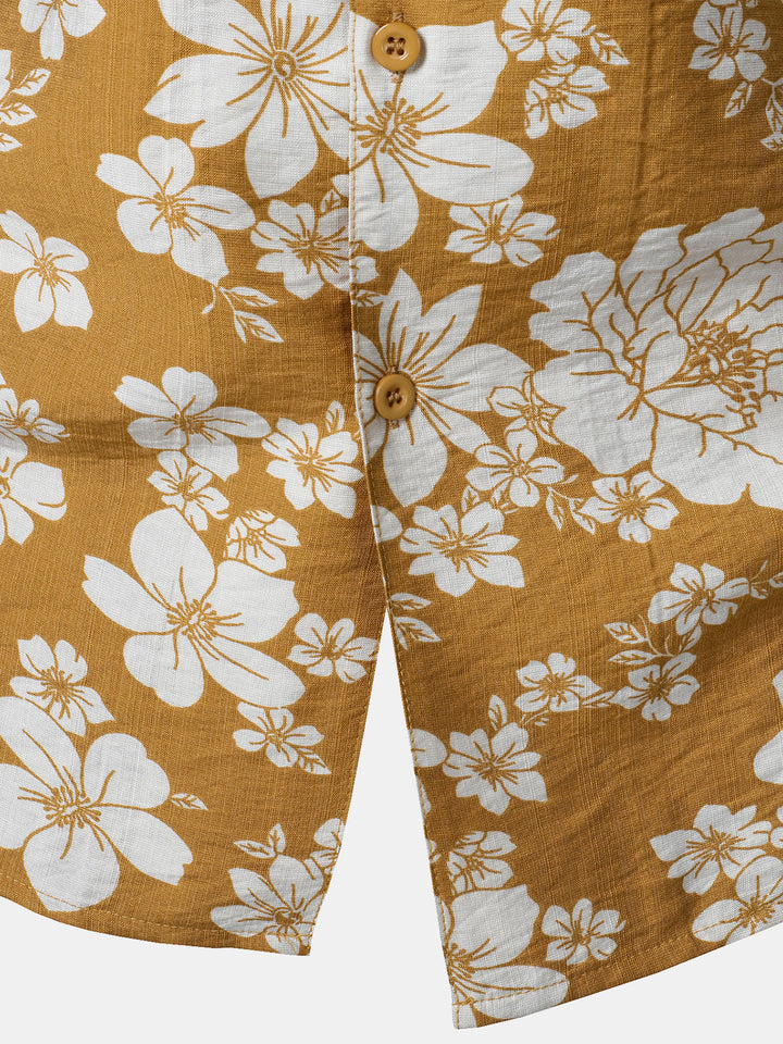 Chemise Homme à Boutons Manches Courtes à Imprimé Floral Jaune avec Poche Style Resort