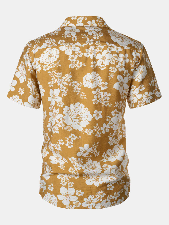 Chemise Homme à Boutons Manches Courtes à Imprimé Floral Jaune avec Poche Style Resort