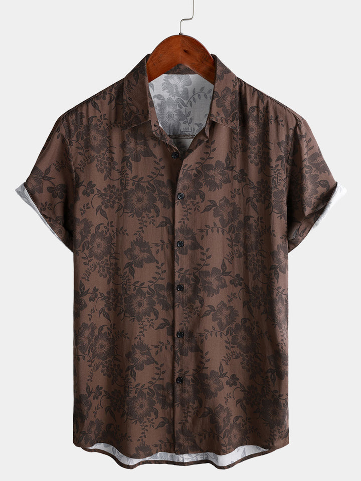 Chemise Homme Fleurie Marron Rétro Vacances Manches Courtes