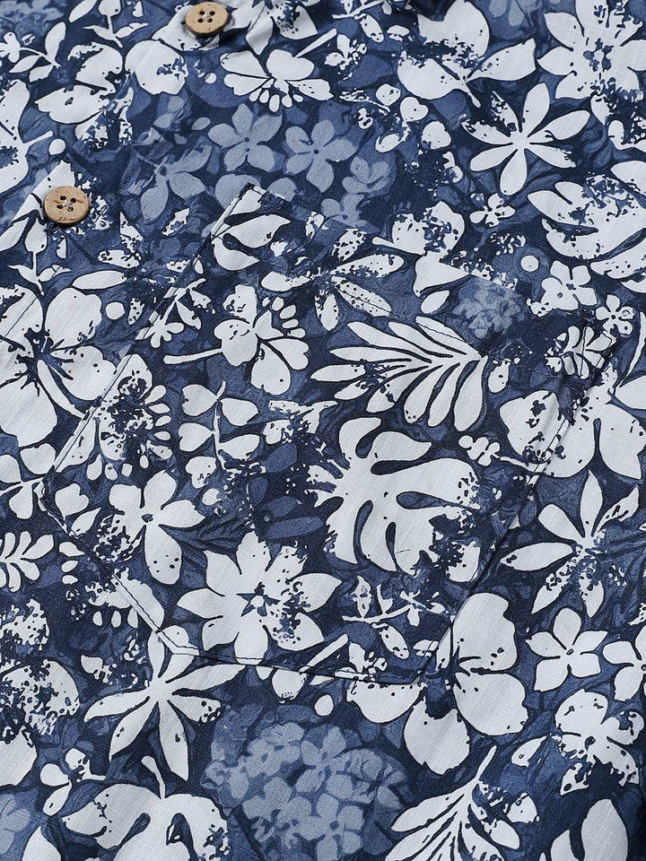 Chemise Homme Rétro à Manches Courtes en Coton Respirante Imprimé Hibiscus Style Vacances