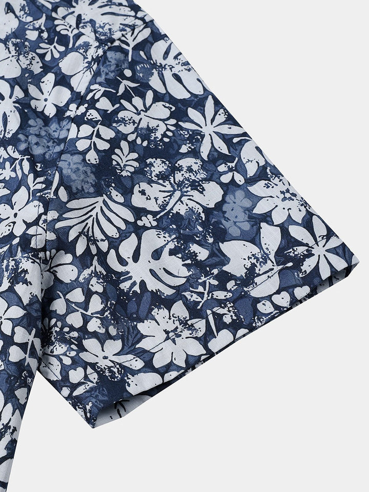 Chemise Homme Rétro à Manches Courtes en Coton Respirante Imprimé Hibiscus Style Vacances