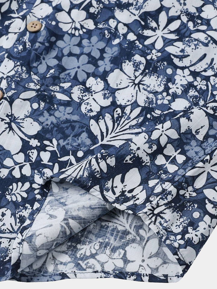 Chemise Homme Rétro à Manches Courtes en Coton Respirante Imprimé Hibiscus Style Vacances