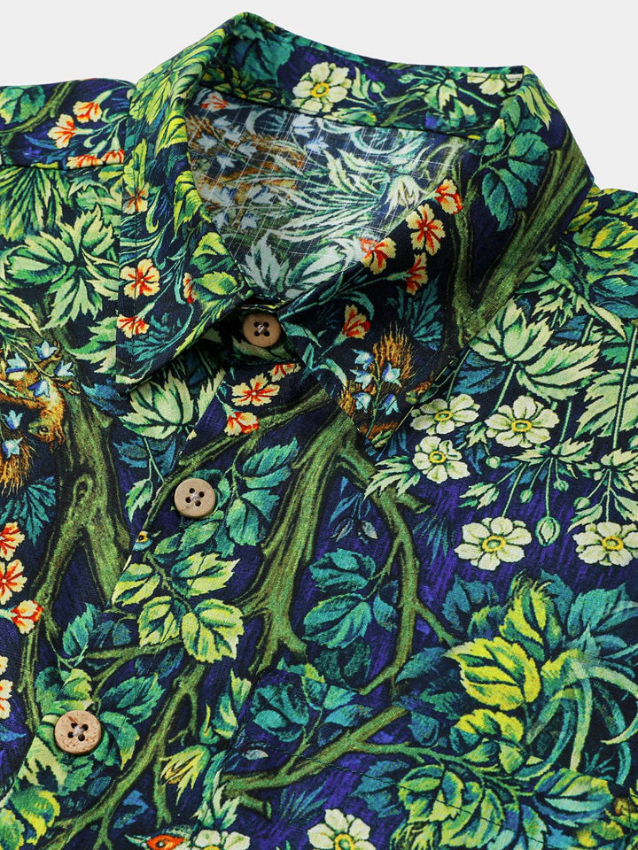 Chemise Homme Hawaïenne Imprimé Botanique Tropical Vert en Coton à Manches Courtes