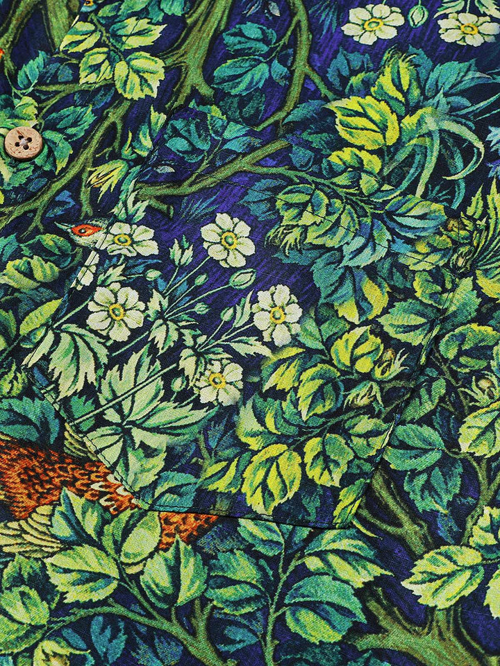 Chemise Homme Hawaïenne Imprimé Botanique Tropical Vert en Coton à Manches Courtes