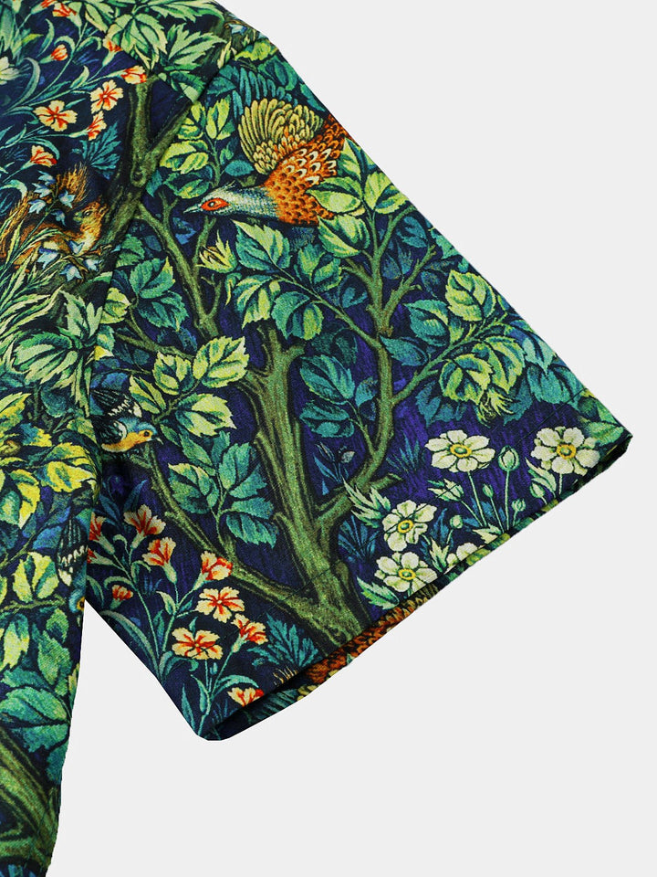 Chemise Homme Hawaïenne Imprimé Botanique Tropical Vert en Coton à Manches Courtes