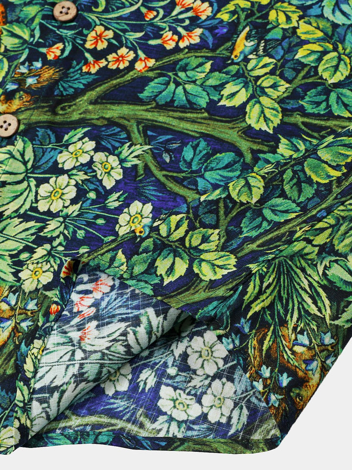 Chemise Homme Hawaïenne Imprimé Botanique Tropical Vert en Coton à Manches Courtes
