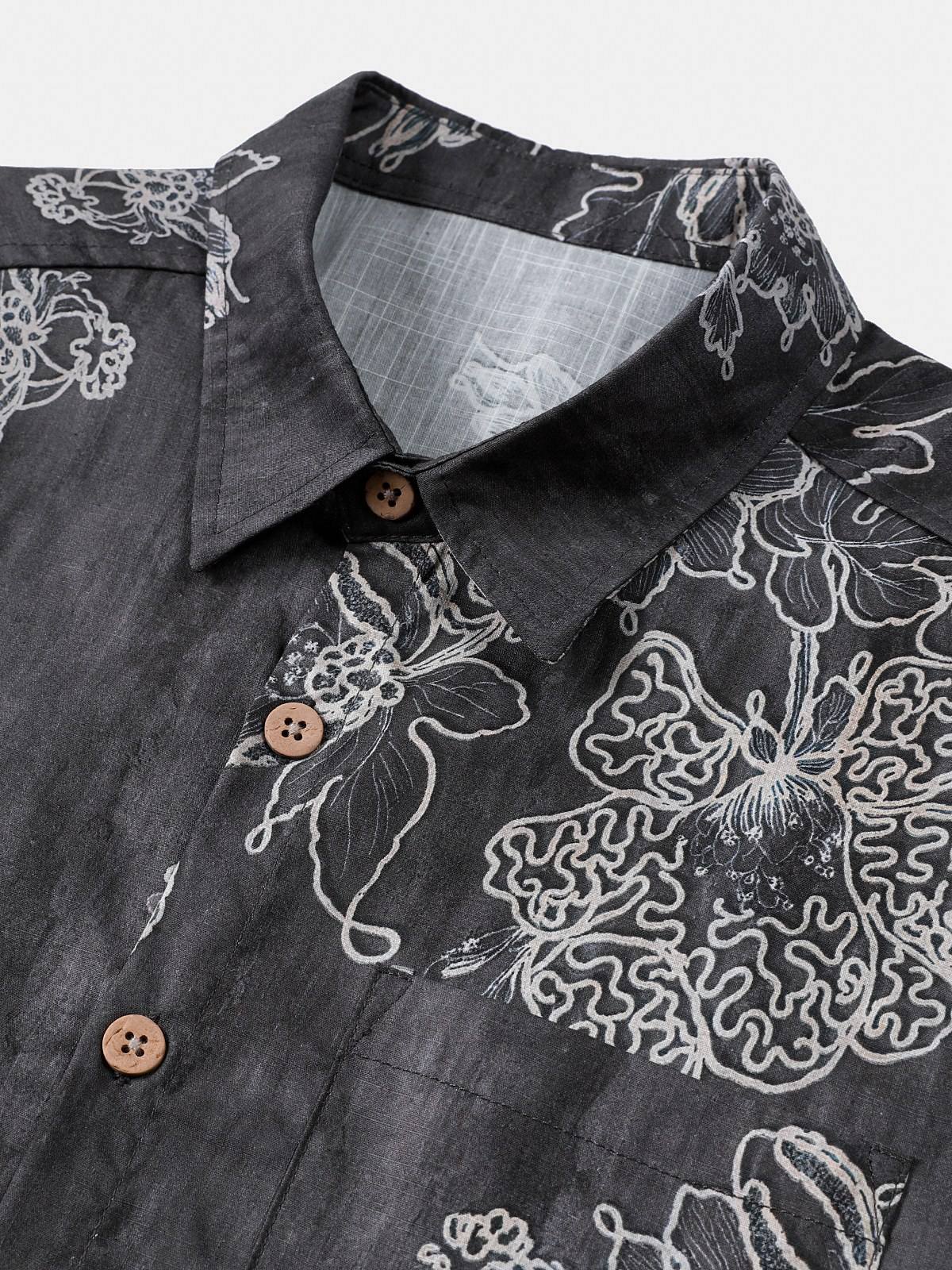 Chemise Homme Rétro à Manches Courtes en Coton Respirante Imprimé Floral Esquissé Style Île