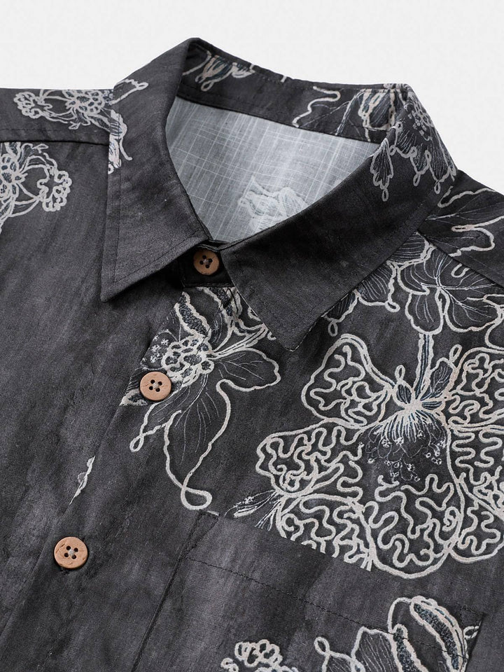 Chemise Homme Rétro à Manches Courtes en Coton Respirante Imprimé Floral Esquissé Style Île