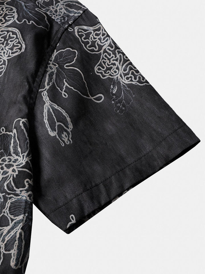 Chemise Homme Rétro à Manches Courtes en Coton Respirante Imprimé Floral Esquissé Style Île