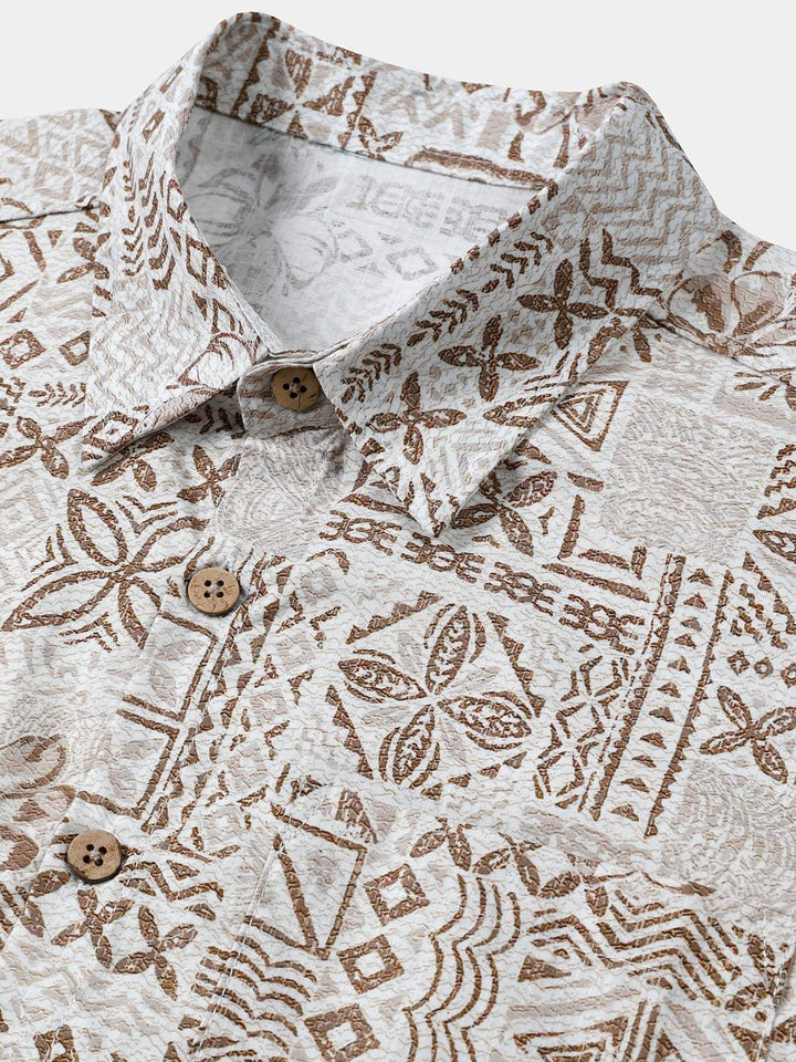 Chemise Homme Bohème Rétro à Manches Courtes en Coton Respirante Imprimé Géométrique Style Resort