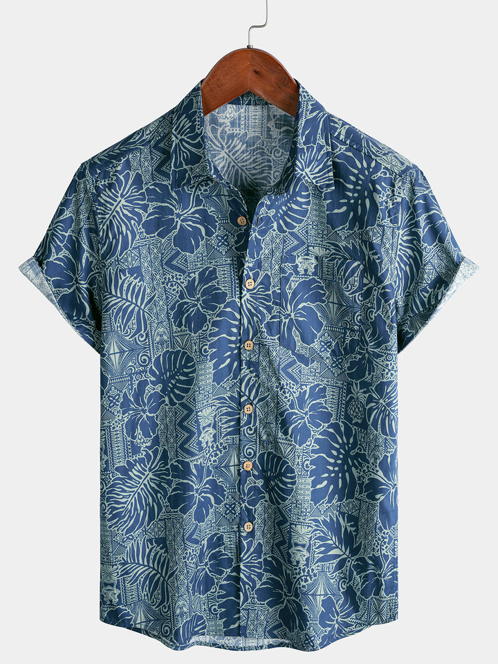 Chemise Homme Imprimé Botanique Tropical en Coton Respirant à Manches Courtes