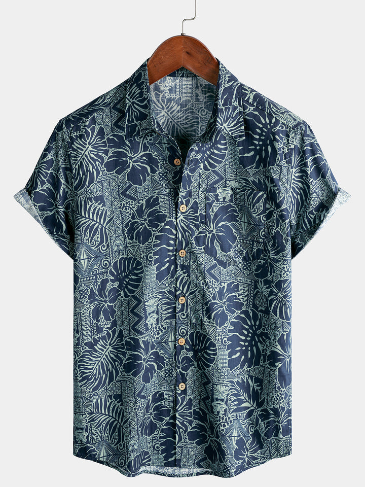 Chemise Homme à Motif Feuilles Tropicales Hawaïennes Style Vacances Plage Manches Courtes
