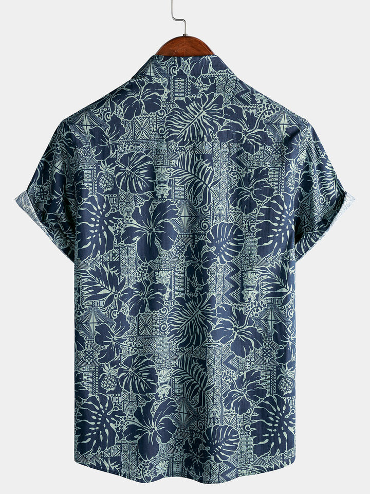 Chemise Homme à Motif Feuilles Tropicales Hawaïennes Style Vacances Plage Manches Courtes