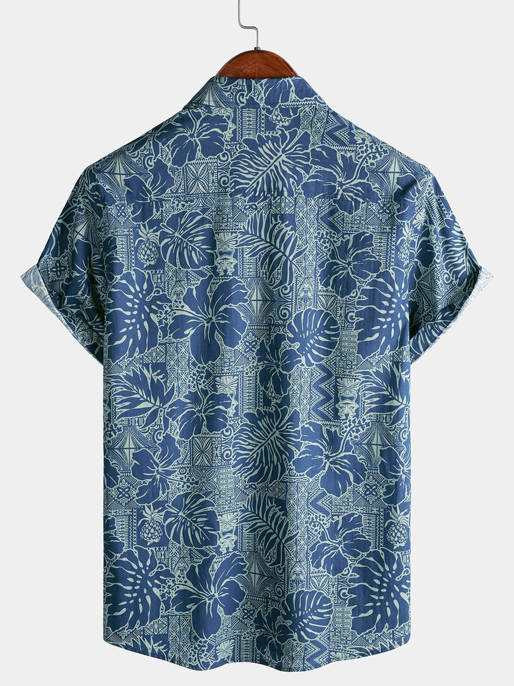Chemise Homme Imprimé Botanique Tropical en Coton Respirant à Manches Courtes
