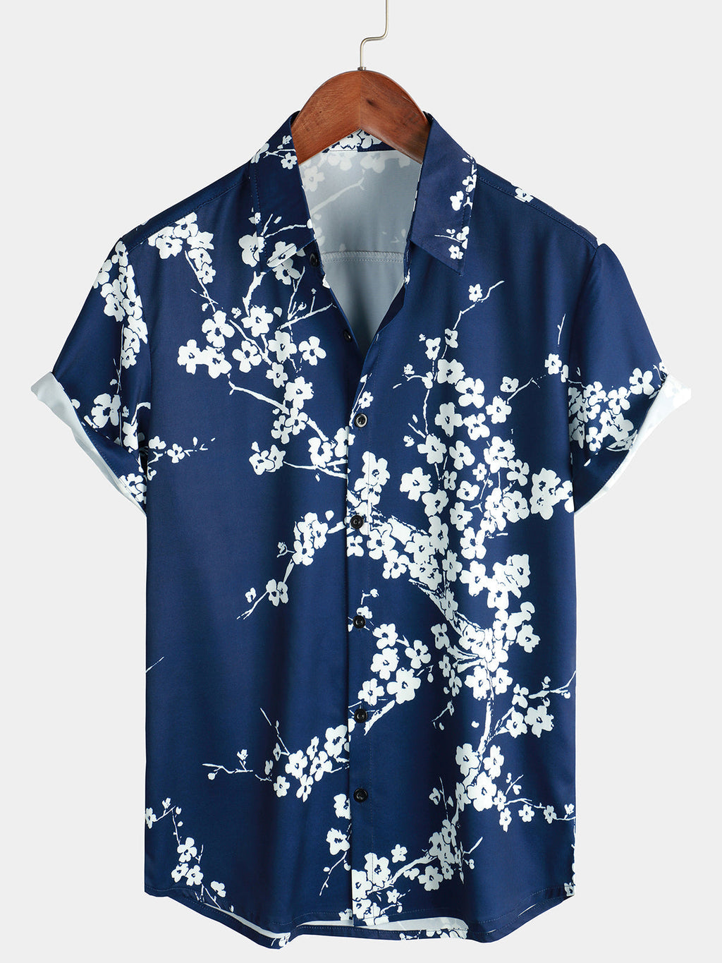 Chemise Casual à Manches Courtes avec Col en Imprimé Floral pour Homme en Bleu Marine Vintage