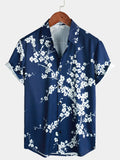 Chemise Casual à Manches Courtes avec Col en Imprimé Floral pour Homme en Bleu Marine Vintage