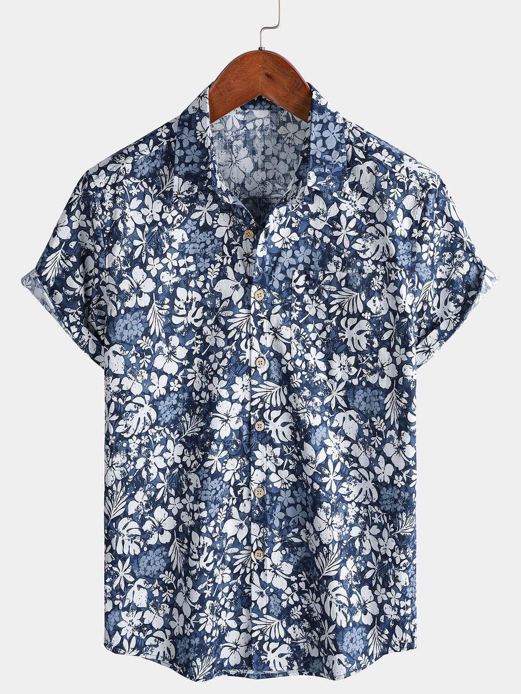 Chemise Homme Rétro à Manches Courtes en Coton Respirante Imprimé Hibiscus Style Vacances