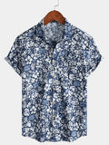 Chemise Homme Rétro à Manches Courtes en Coton Respirante Imprimé Hibiscus Style Vacances