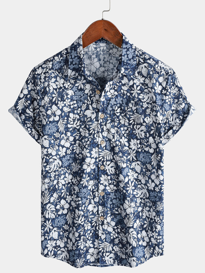 Chemise Homme Rétro à Manches Courtes en Coton Respirante Imprimé Hibiscus Style Vacances