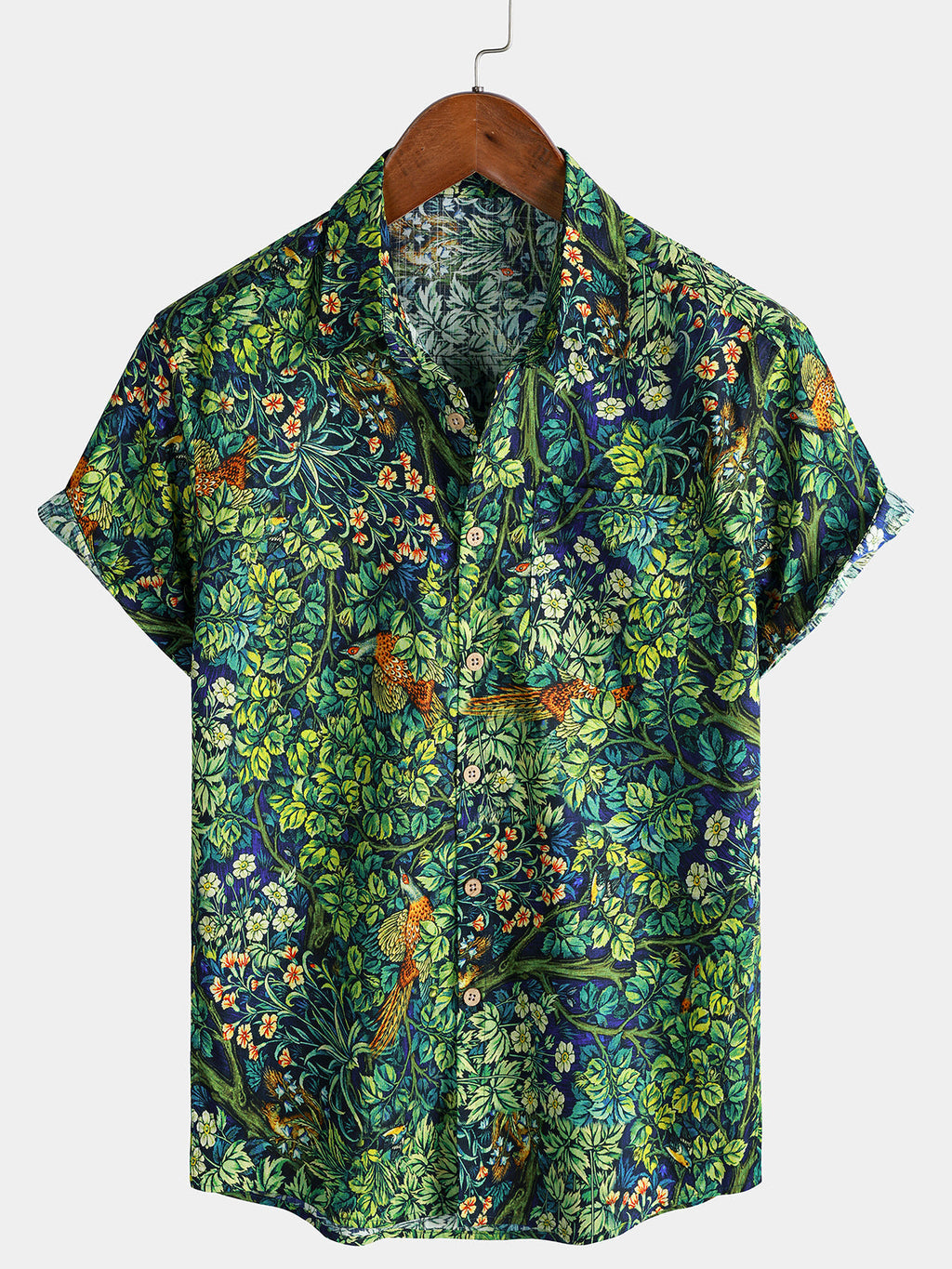 Chemise Homme Hawaïenne Imprimé Botanique Tropical Vert en Coton à Manches Courtes