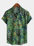 Chemise Homme Hawaïenne Imprimé Botanique Tropical Vert en Coton à Manches Courtes