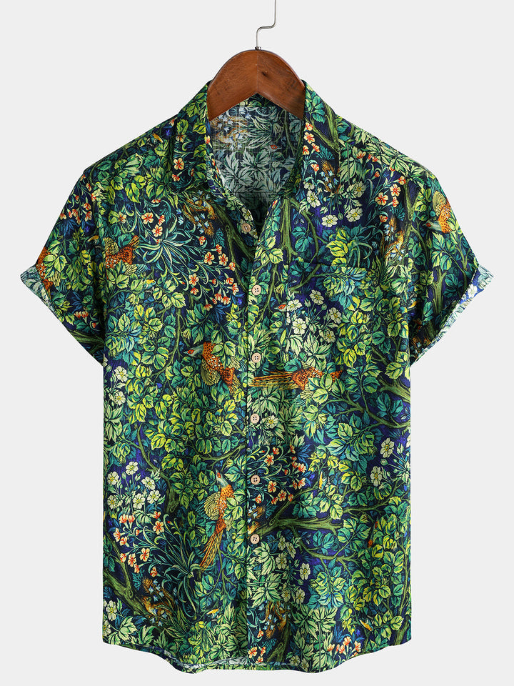 Chemise Homme Hawaïenne Imprimé Botanique Tropical Vert en Coton à Manches Courtes