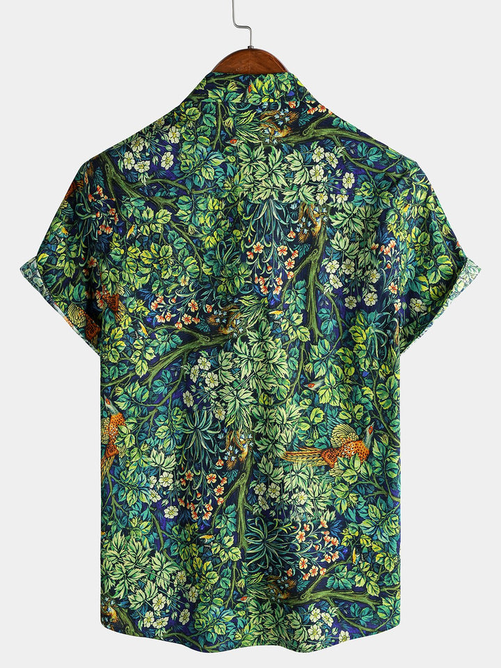 Chemise Homme Hawaïenne Imprimé Botanique Tropical Vert en Coton à Manches Courtes