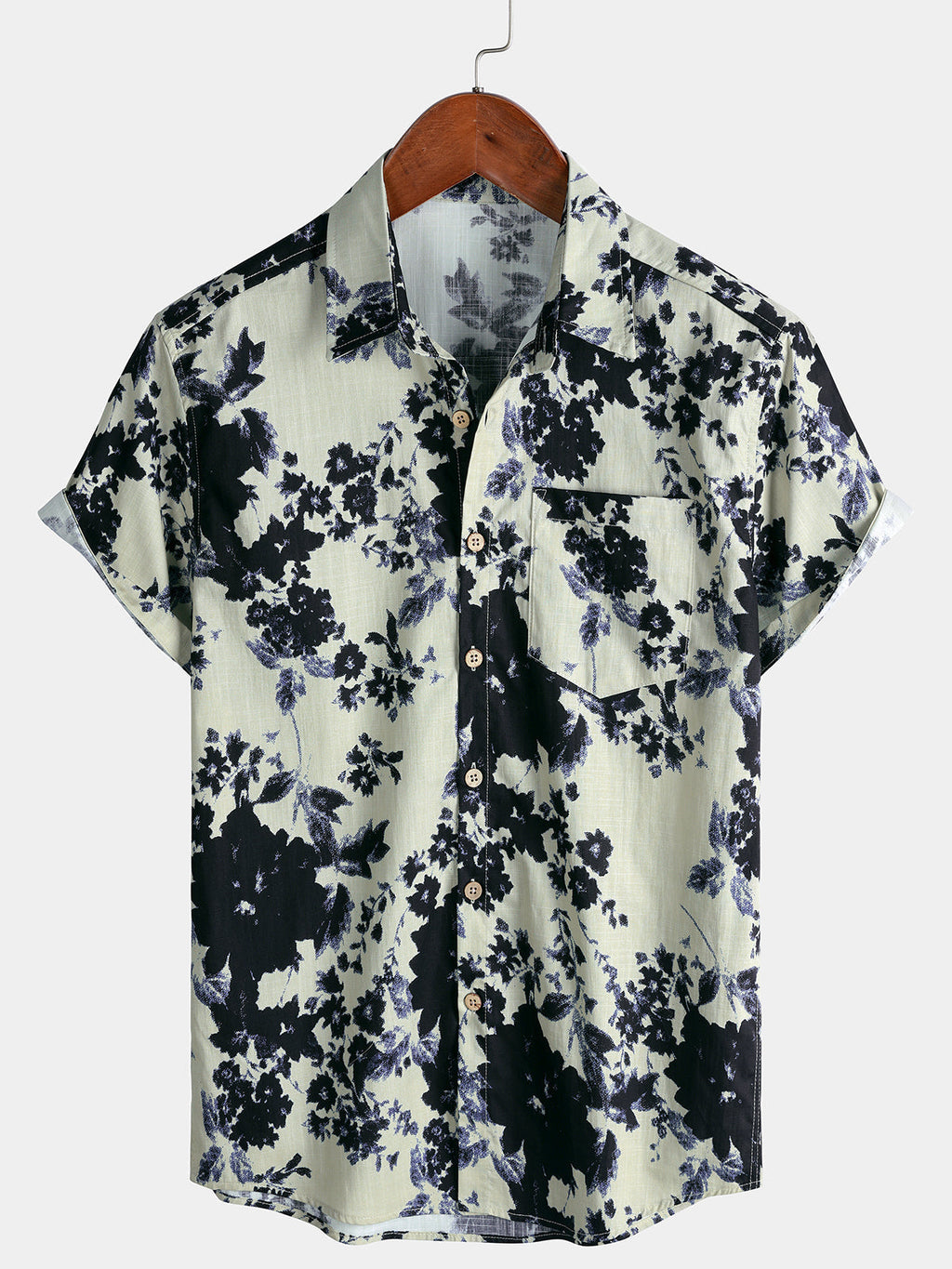 Chemise Homme Style Resort Imprimé Floral Effet Lavis en Coton à Manches Courtes