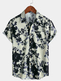 Chemise Homme Style Resort Imprimé Floral Effet Lavis en Coton à Manches Courtes