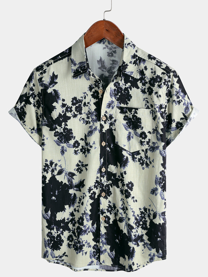 Chemise Homme Style Resort Imprimé Floral Effet Lavis en Coton à Manches Courtes