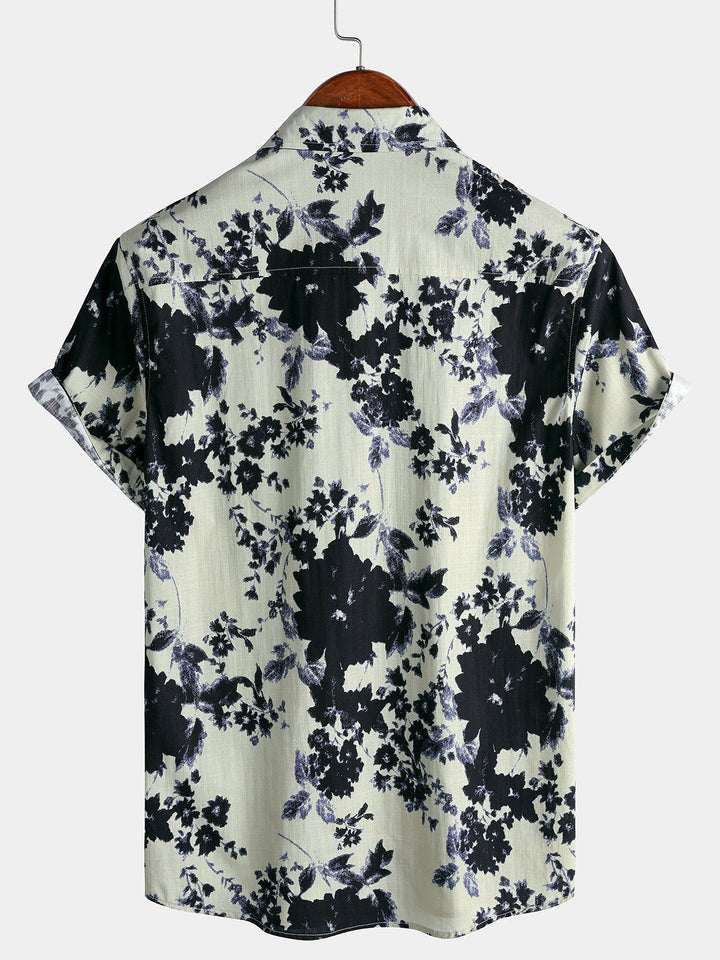 Chemise Homme Style Resort Imprimé Floral Effet Lavis en Coton à Manches Courtes
