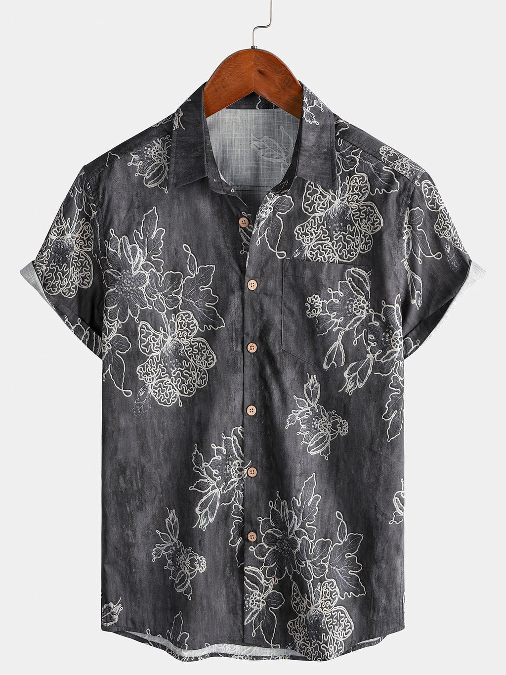Chemise Homme Rétro à Manches Courtes en Coton Respirante Imprimé Floral Esquissé Style Île