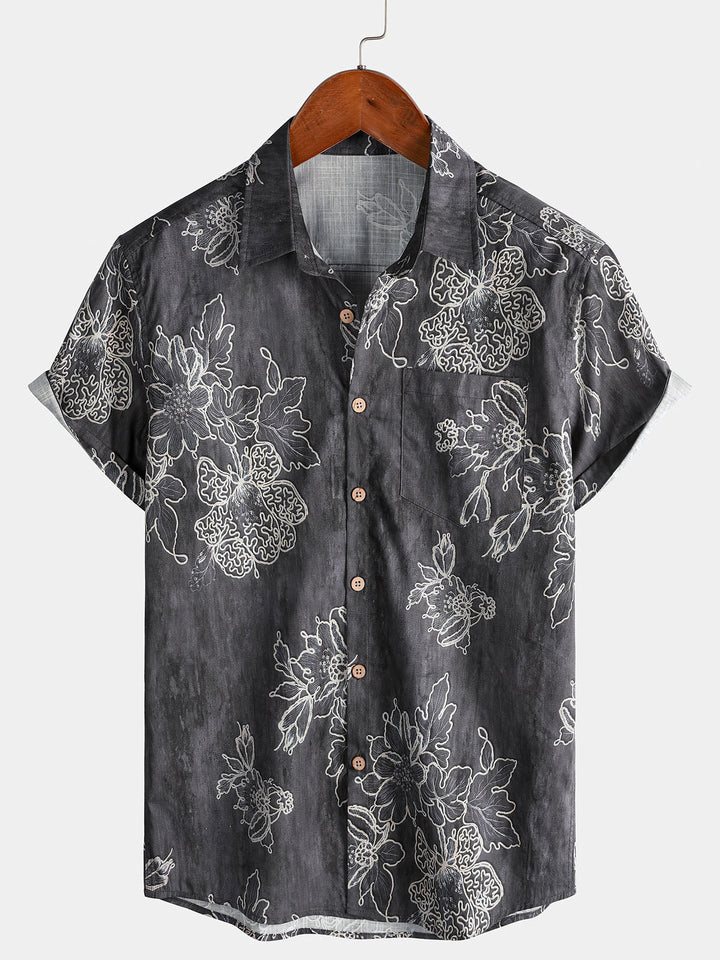 Chemise Homme Rétro à Manches Courtes en Coton Respirante Imprimé Floral Esquissé Style Île