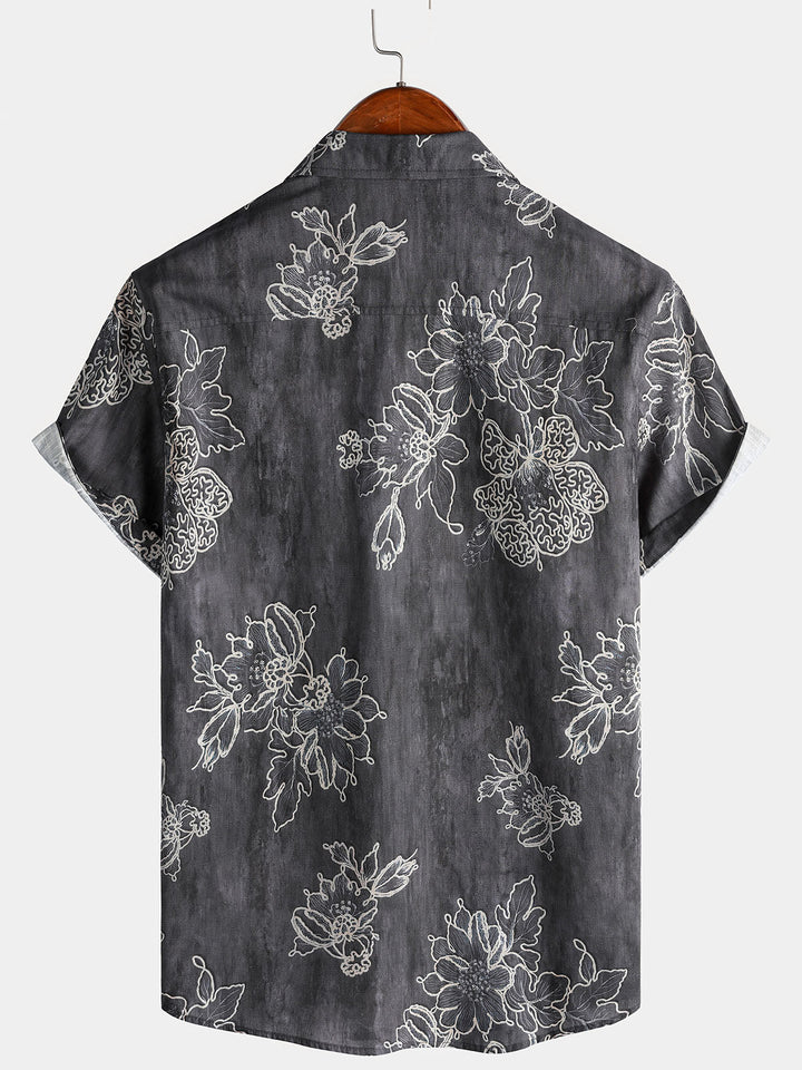 Chemise Homme Rétro à Manches Courtes en Coton Respirante Imprimé Floral Esquissé Style Île