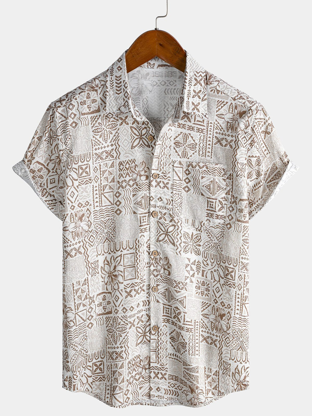 Chemise Homme Bohème Rétro à Manches Courtes en Coton Respirante Imprimé Géométrique Style Resort