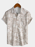 Chemise Homme Bohème Rétro à Manches Courtes en Coton Respirante Imprimé Géométrique Style Resort