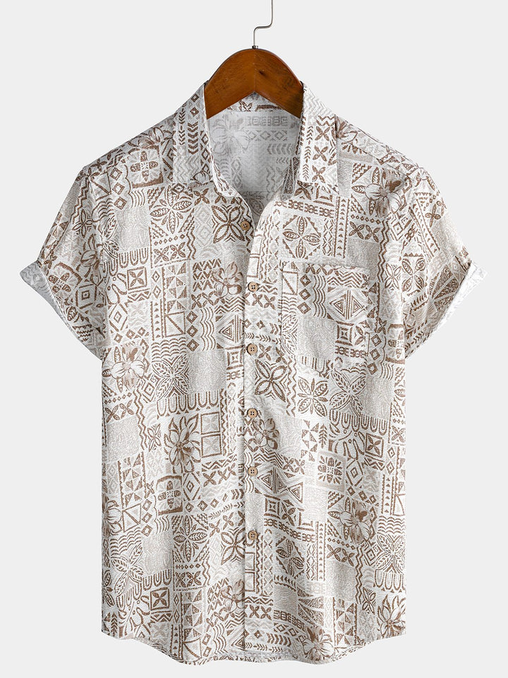 Chemise Homme Bohème Rétro à Manches Courtes en Coton Respirante Imprimé Géométrique Style Resort