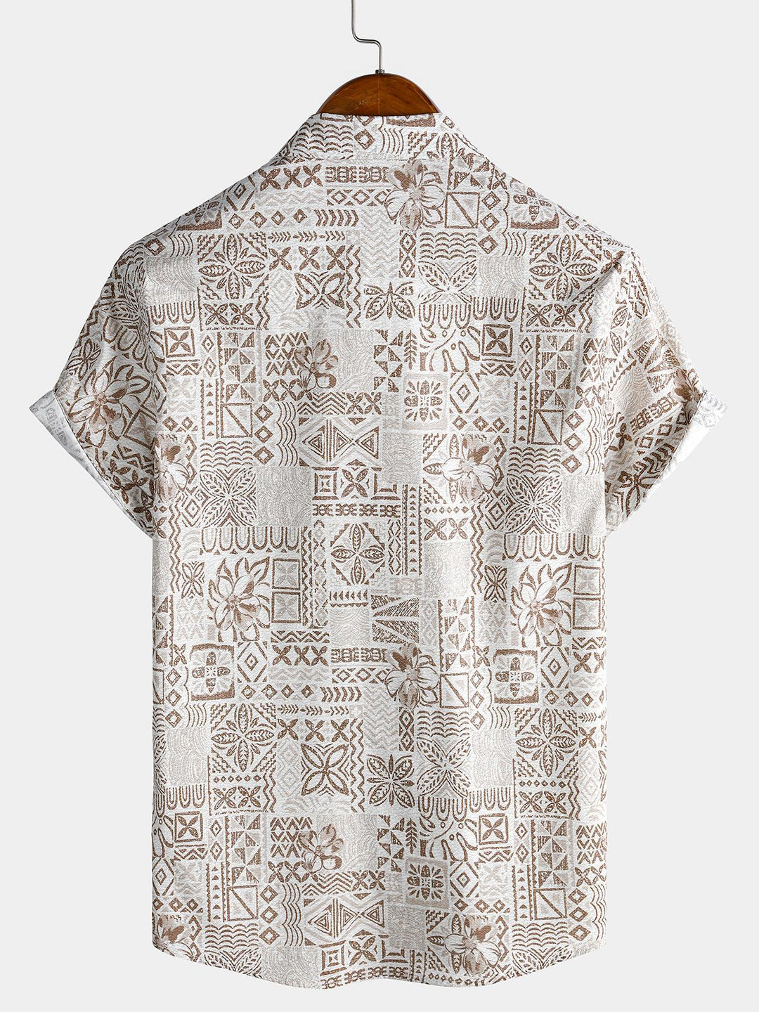 Chemise Homme Bohème Rétro à Manches Courtes en Coton Respirante Imprimé Géométrique Style Resort