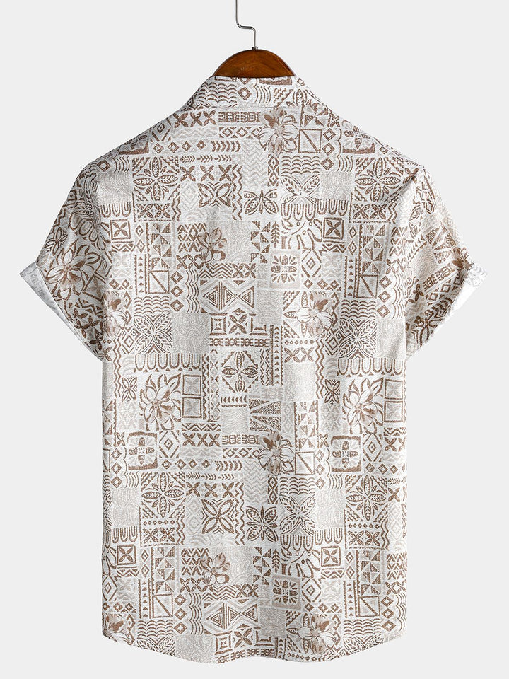 Chemise Homme Bohème Rétro à Manches Courtes en Coton Respirante Imprimé Géométrique Style Resort