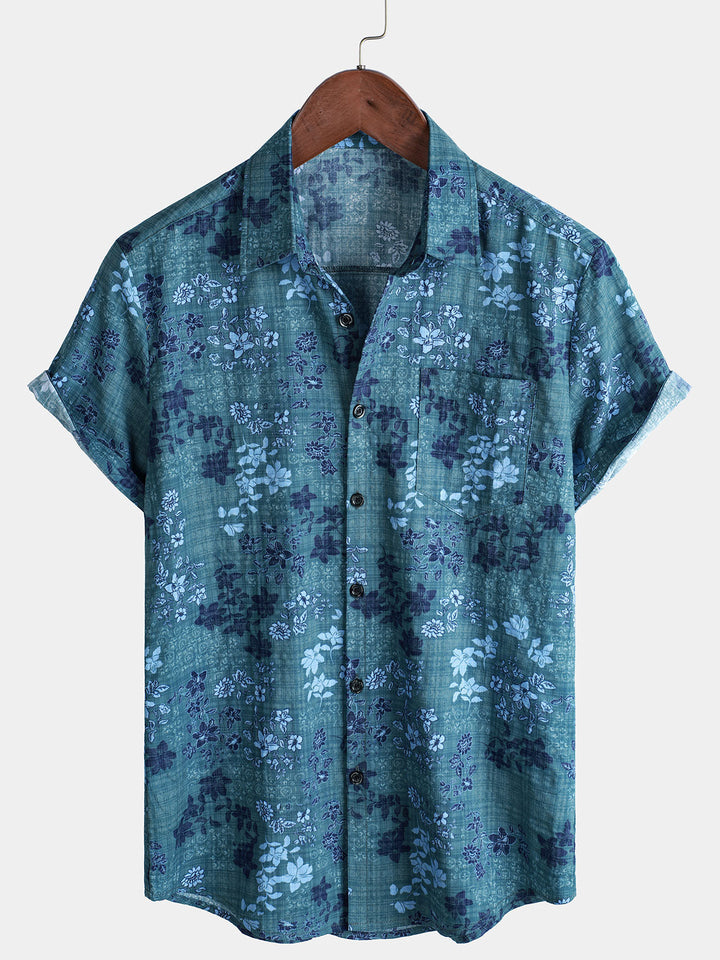Chemise rétro à manches courtes et poches pour homme, motif floral bleu, style décontracté, pour les vacances