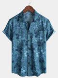 Chemise Retro Casual à Manches Courtes avec Poche Florale Bleue pour Homme
