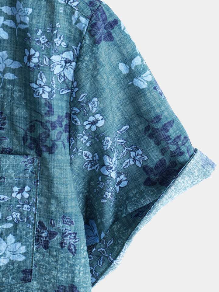 Chemise rétro à manches courtes et poches pour homme, motif floral bleu, style décontracté, pour les vacances