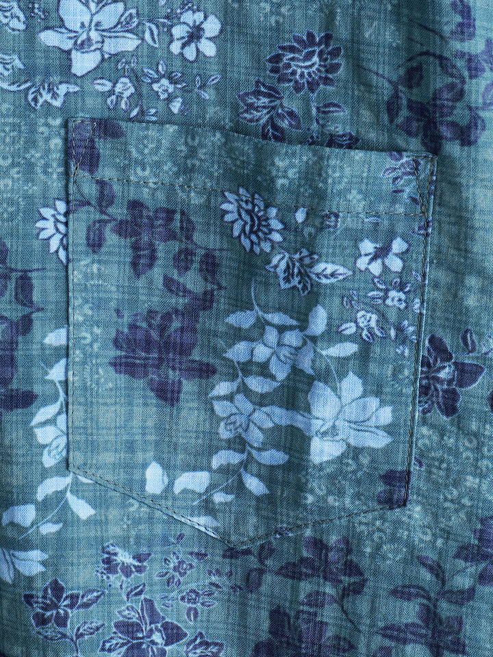Chemise rétro à manches courtes et poches pour homme, motif floral bleu, style décontracté, pour les vacances